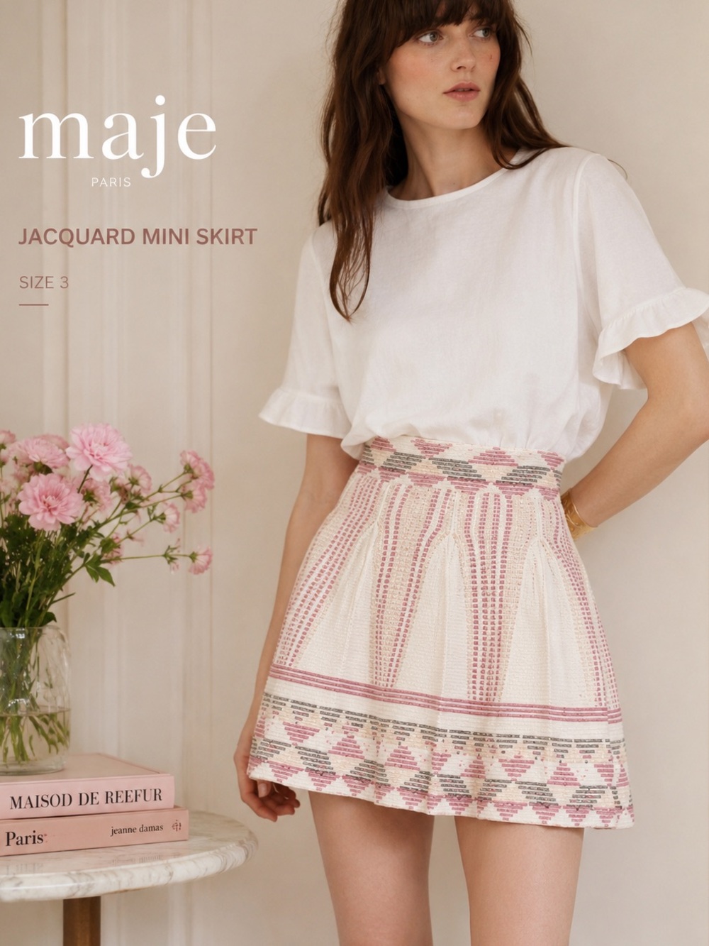 Maje Pink Cream Jacquard Jody Mini Skirt Geometric Knit Coquette French Size 3